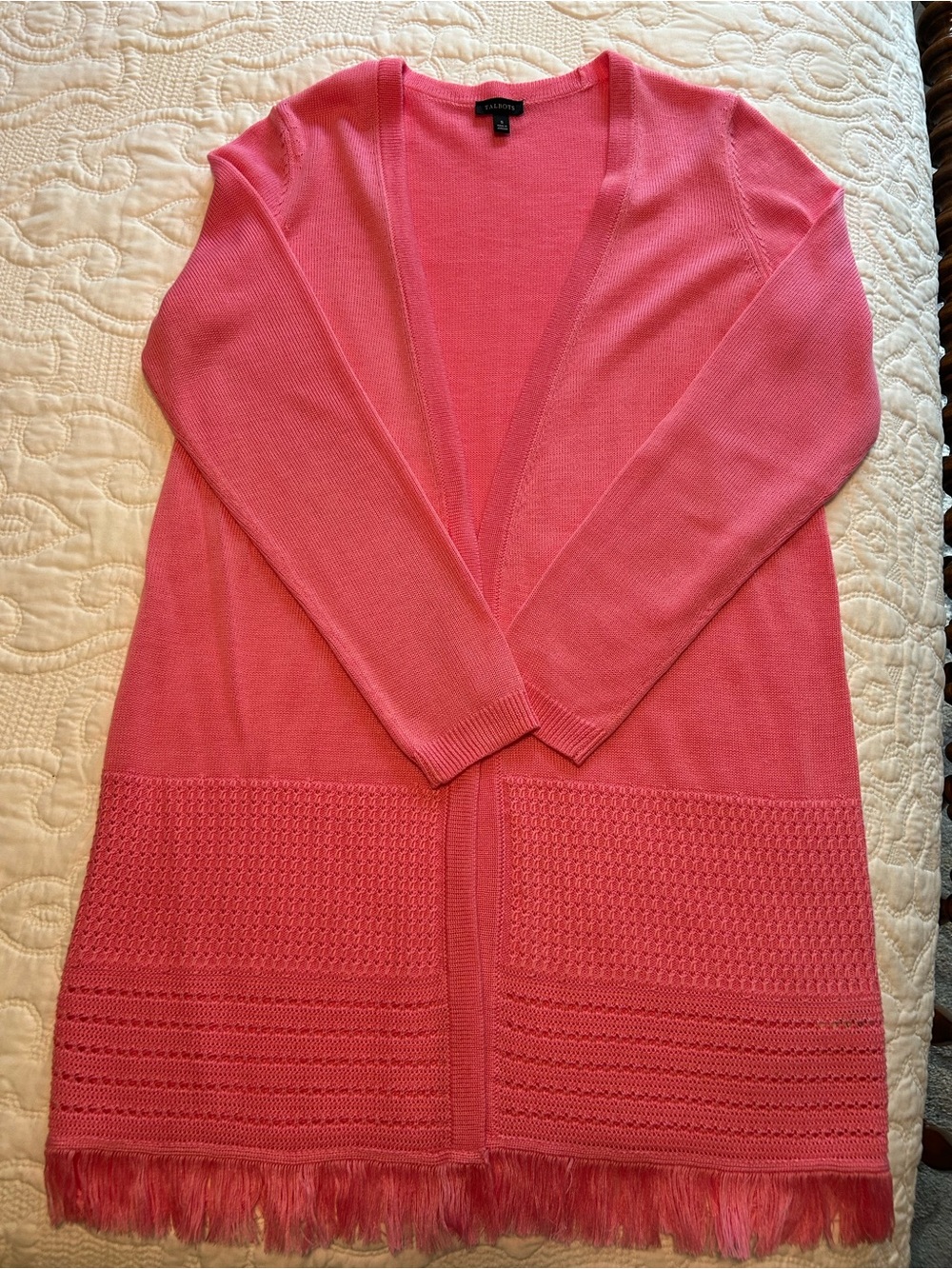Talbots open-front pink fringe cardigan